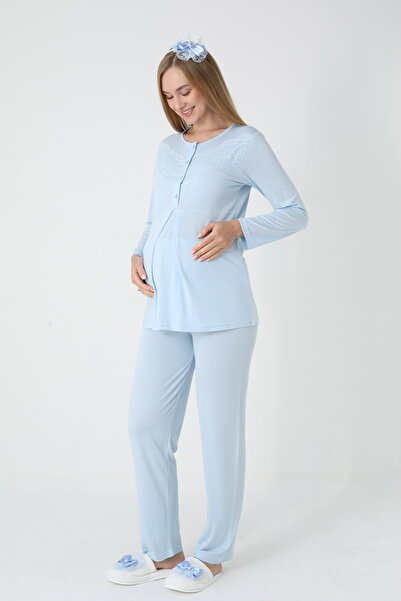 BLACKMORE Women's Blue Shawl Collar Special Lace Design Cotton Quilted Dressing Gown 3-Piece Pajama Set