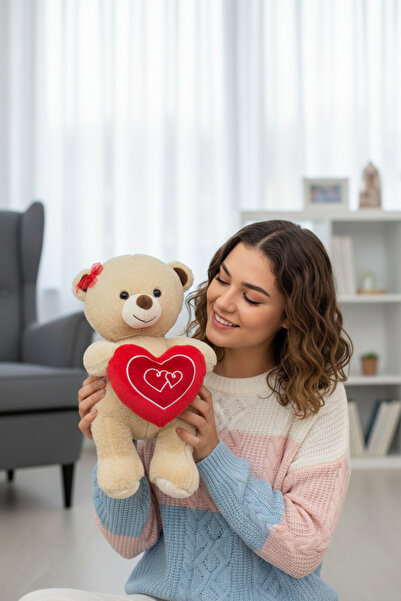 craftivio Kırmızı Tokalı Sevimli Yumuşacık 35 cm Kalpli Peluş Ayıcık Uyku Ark...