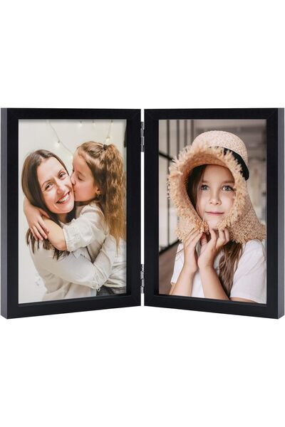 TAME إطار صور خشبي مزدوج مقاس 4×6 (أسود) - مناسب للطاولة والحائط