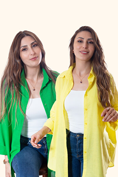 Justime Women's Oversized Cotton Linen Green - Yellow Shirt