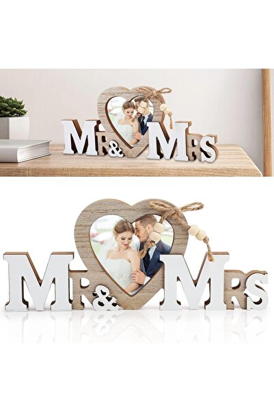 TERRIFI Wedding Heart Photo Frame - Mr & Mrs Tabletop Picture Frame (White & Brown)