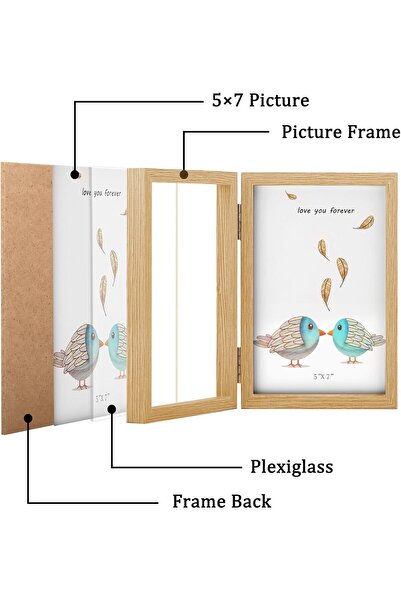 BananaHome 5x7 Double Folding Wooden Photo Frame, Holds Two 5x7 Photos (Wood Grain)