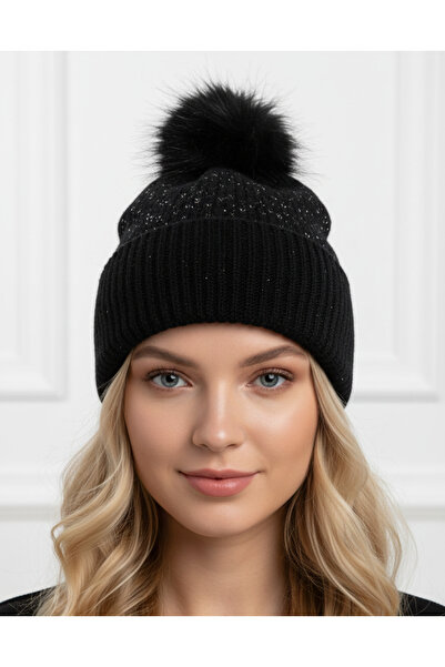 la_hatun Siyah Simli Ponponlu Bere İçi Polar Yerli Üretim