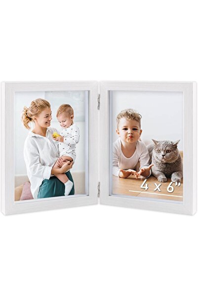EXCEFORE 4x6 Double Wooden Hinged Photo Frame, White (Tabletop/Wall)