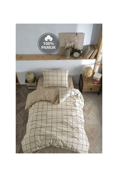 Casa Carina Ranforce Tek Kişilik Lastikli Çarşaflı Nevresim Takımı Kare Krem