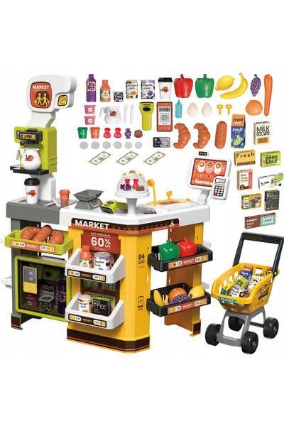 Matadi Yellow/Green interactive supermarket set with trolley and 65 accessories included, refrigerator