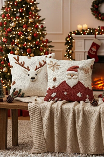 Atlas collection YILBAŞI Yastık Kılıfı, Noel Baba Ren Geyiği Desenli 2li Kırlent Yılbaşı Dekorasyon Dijital Baskı