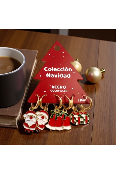 ALS Tasarım Dünyası Women's Santa Claus, Gift Box, and Bell Themed Triple Christmas Earrings, New Year's Gift Earrings
