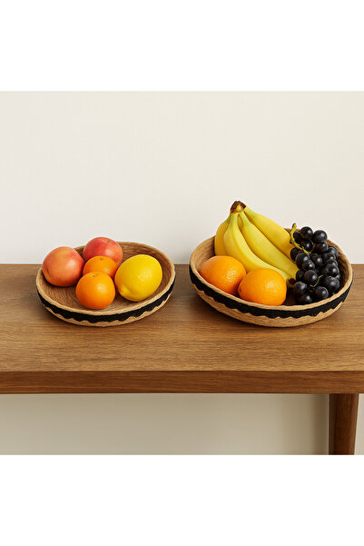 YINZUO Jute Tray Set Natural Woven Serving and Decorative Trays with Black Border Round