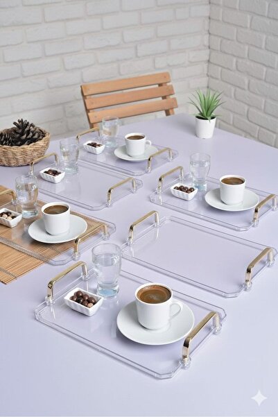 ŞURA MUTFAK 6 Pieces Turkish Coffee Presentation Tray with Gold Handles |   6-Piece Stylish Set 25X17Cm Transparent