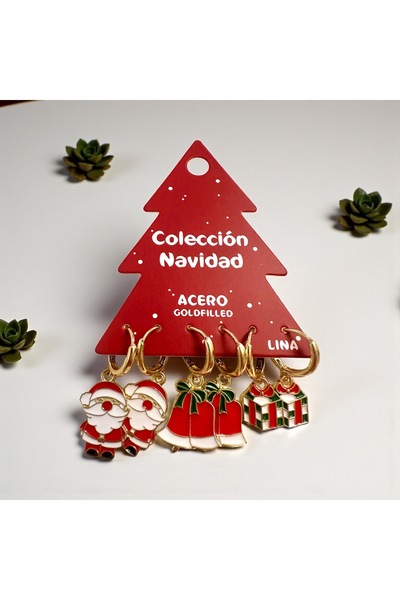 ALS Tasarım Dünyası Women's Santa Claus, Gift Box, and Bell Themed Triple Christmas Earrings, New Year's Gift Earrings