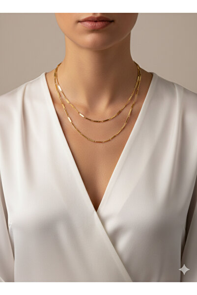 Madame Rosso 2'li Düz Plakalı Zincir Çelik Gold Kolye