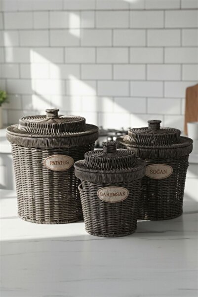 Bayev 3-Piece Burl Smoked Set with Wicker Lid Potato Onion Garlic Basket - 3 Sizes Rattan Vegetable Basket