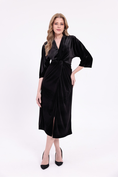 etselements Luxury Velvet Plain Double-Breasted Neckline Slit Detail Dress Ets1011