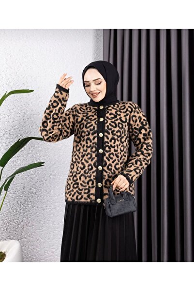 Sfg Life Moda Women's Leopard Patterned Hooded Cardigan