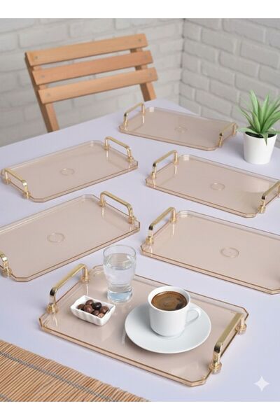 ŞURA MUTFAK 6 Pieces Turkish Coffee Presentation Tray with Gold Handles |   6-Piece Stylish Set 25X17Cm Copper