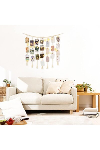 KASTWAVE Macrame Hanging Photo Display Wall Decor with String Lights and 45 Clips