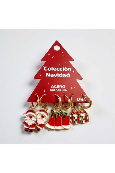ALS Tasarım Dünyası Women's Santa Claus, Gift Box, and Bell Themed Triple Christmas Earrings, New Year's Gift Earrings