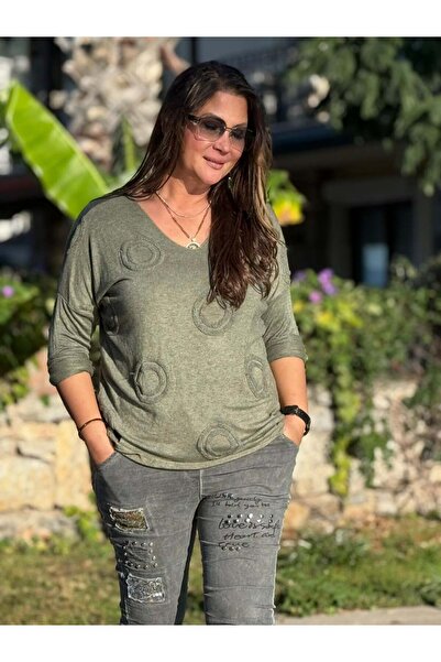 Punta Otantik Nc20663 Lace V-Neck Italian Knit Blouse Khaki