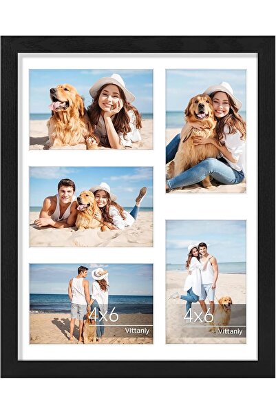 TOYBY إطار صور مجمعة من 5 صور بإطار خشبي ريفي مقاس 4×6، مناسب للحائط أو سطح الطاولة (أسود)