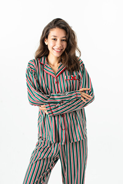 Ecrou Γυναικείο Σετ Πιτζάμες με μακρυμάνικο παντελόνι New Start στρογγυλός γιακάς με πράσινες ρίγες