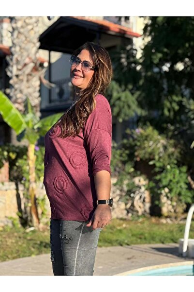 Punta Otantik Nc20663 Lace V-Neck Italian Knit Blouse Cherry