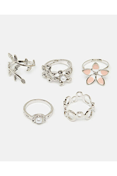 REDTAG مجموعة خواتم نسائية مزينة بالفضة (عبوة من 5 قطع)