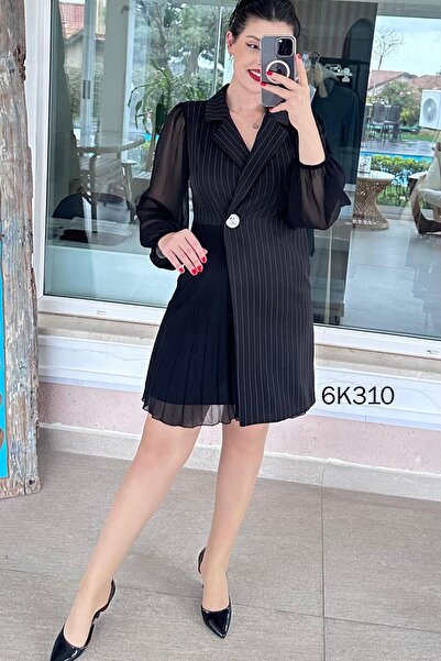 İnce Topuk Şifon Kol Piliseli Çizgili Double Elbise 6k310