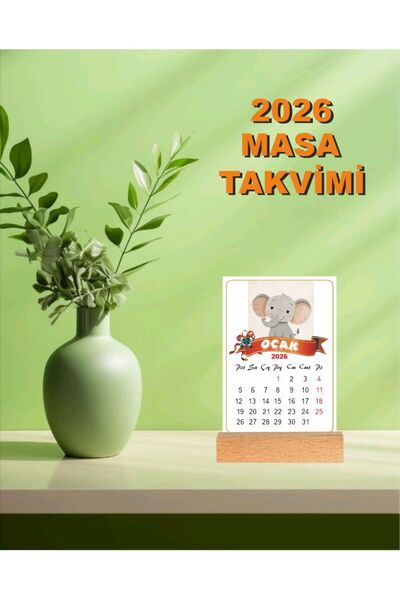 MOR TABLO 2026 Ahşap ayaklı masa takvimi