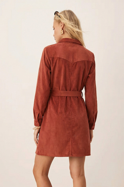 armonika Women's Tile Front Buttoned Pocket Belted Velvet Dress Arm-25K001085