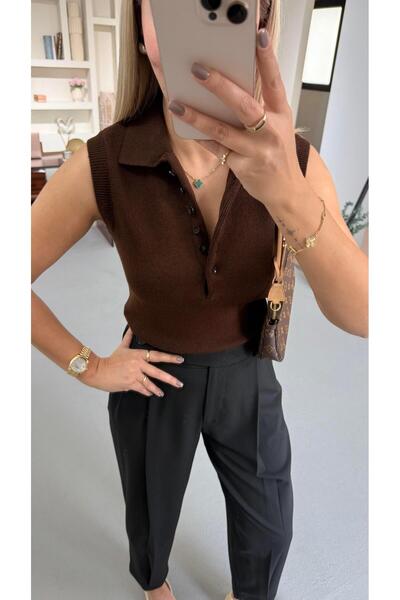 Sezgi Tekin Sleeveless Polo Neck Buttoned Brown Knitwear