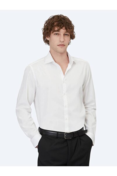 Kip White Plain Regular Fit Woven Classic 100% Cotton Shirt