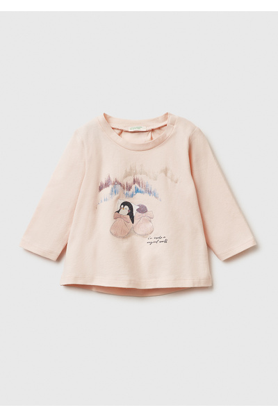 United Colors of Benetton تي شيرت بأكمام طويلة من Baby Powder Pink Front مطبو...