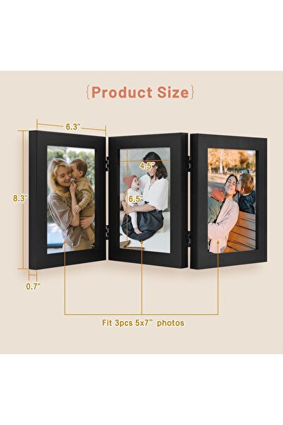 Generic 5x7 Three Picture Trifold Hinged Photo Frame - Triple Desktop Collage, Real Glass