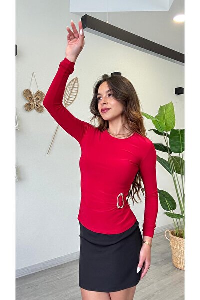 modadagiyim Red Crew Neck Waist Buckle Detailed Long Sleeve Very Stylish Blouse
