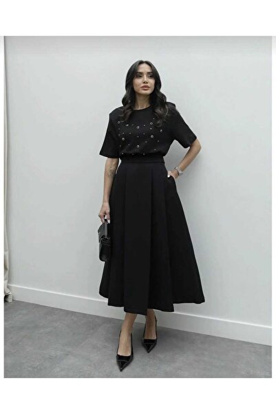 Nola Look Siyah Kloş Kalın Pileli Etek