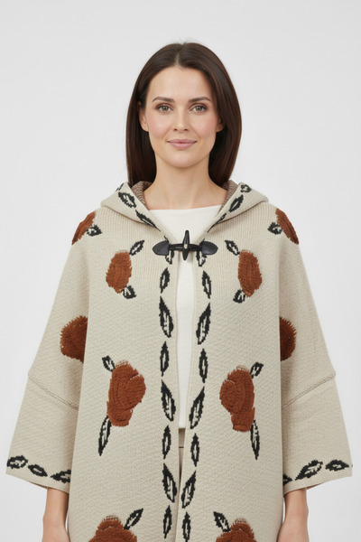 Uludağ Triko Beige Embossed Rose Patterned Hooded Women's Poncho