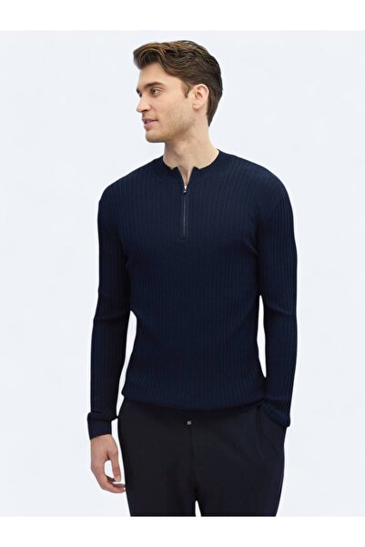Kip Navy Blue Half Turtleneck Patterned Knitwear Sweater