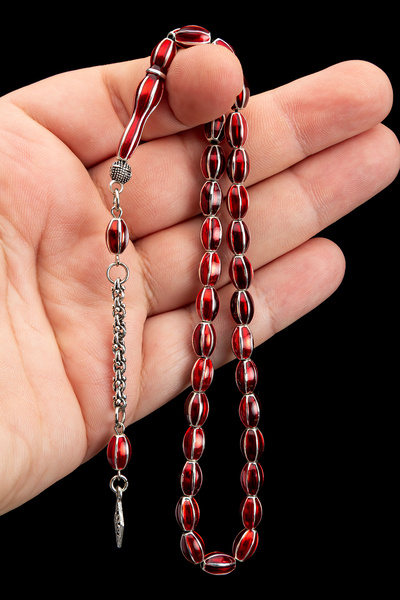 OTTOTESBİH Silver Red Special Design 41Gr 6X9Mm Metal Prayer Beads