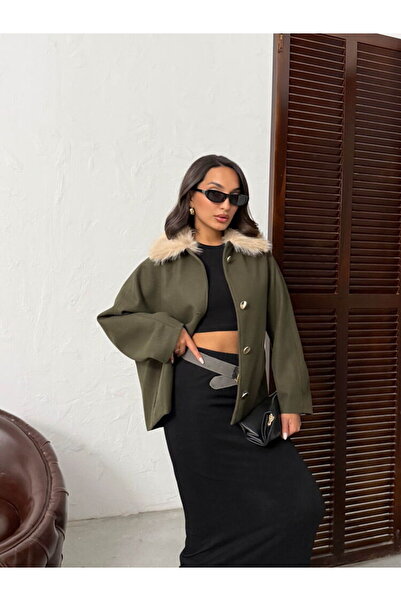 SUN STYLE Stylish Brown Cashmere Fabric Fur Collar Women's Jacket | Buttoned and Lined Winter Coat