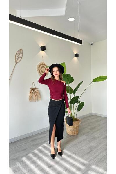 modadagiyim Burgundy Boat Neck Low Sleeve Stone Detailed Long Sleeve Very Stylish Blouse