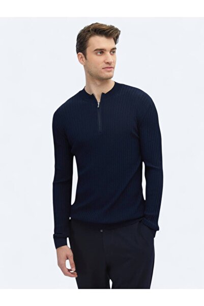 Kip Navy Blue Half Turtleneck Patterned Knitwear Sweater