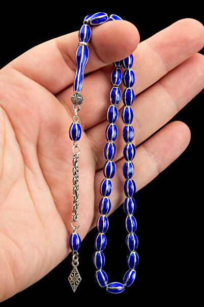 OTTOTESBİH Silver Navy Blue Special Design 41Gr 6X9Mm Metal Prayer Beads