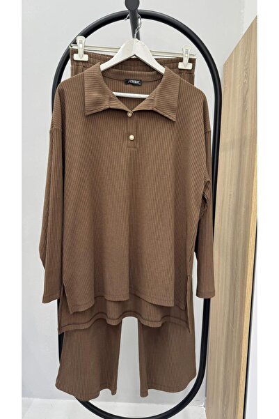 Koza Butik Women's Plus Size Shirt Collar Buttoned Ribbed Knit Fabric Tracksuit Set 8232-26