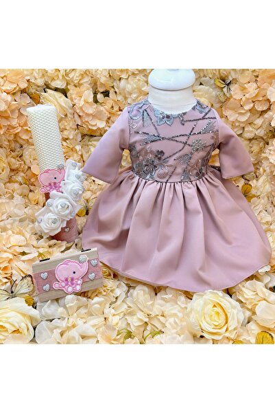 kizu Set Botez Fetițe Complet cu Rochiță din Satin Roz Prăfuit, Lumânare din ...
