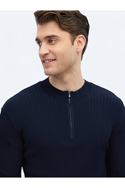 Kip Navy Blue Half Turtleneck Patterned Knitwear Sweater