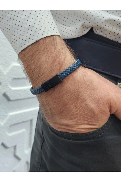 FA LORA TAKI Erkek El Yapımı Hakiki Deri Örme Mavi Renk Mıknatıslı Kilit