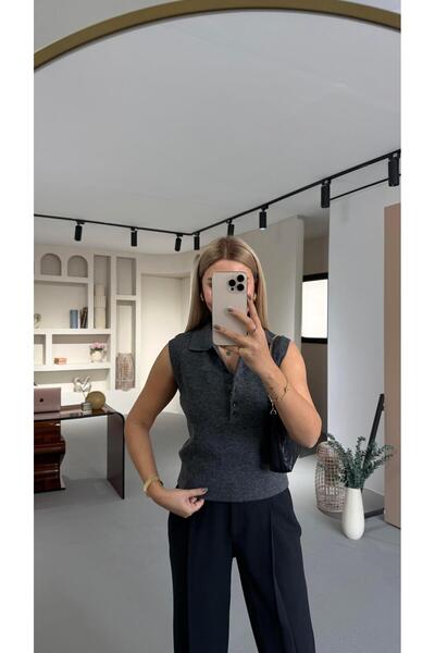 Sezgi Tekin Sleeveless Polo Neck Buttoned Anthracite Knitwear