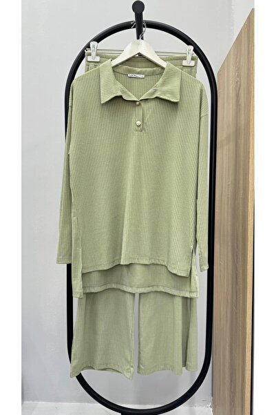 Koza Butik Women's Plus Size Shirt Collar Buttoned Ribbed Knit Fabric Tracksuit Set 8232-26