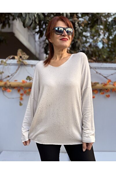 DenizEge Tricotaj cu textura moale cu sclipici Bej